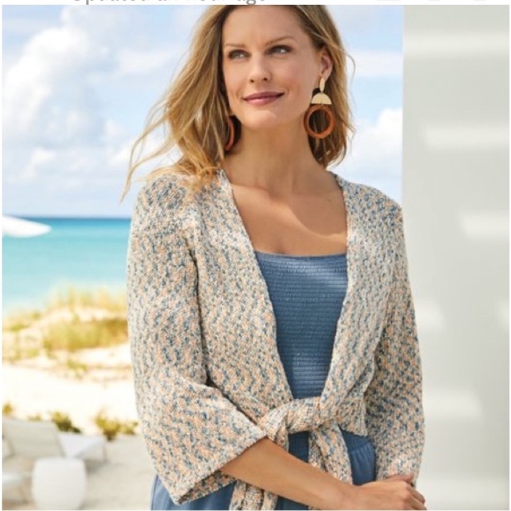 Soft Surroundings Beausoleil Tie Front 3/4 Sleeve Cardigan Size 1x Coastal Beach